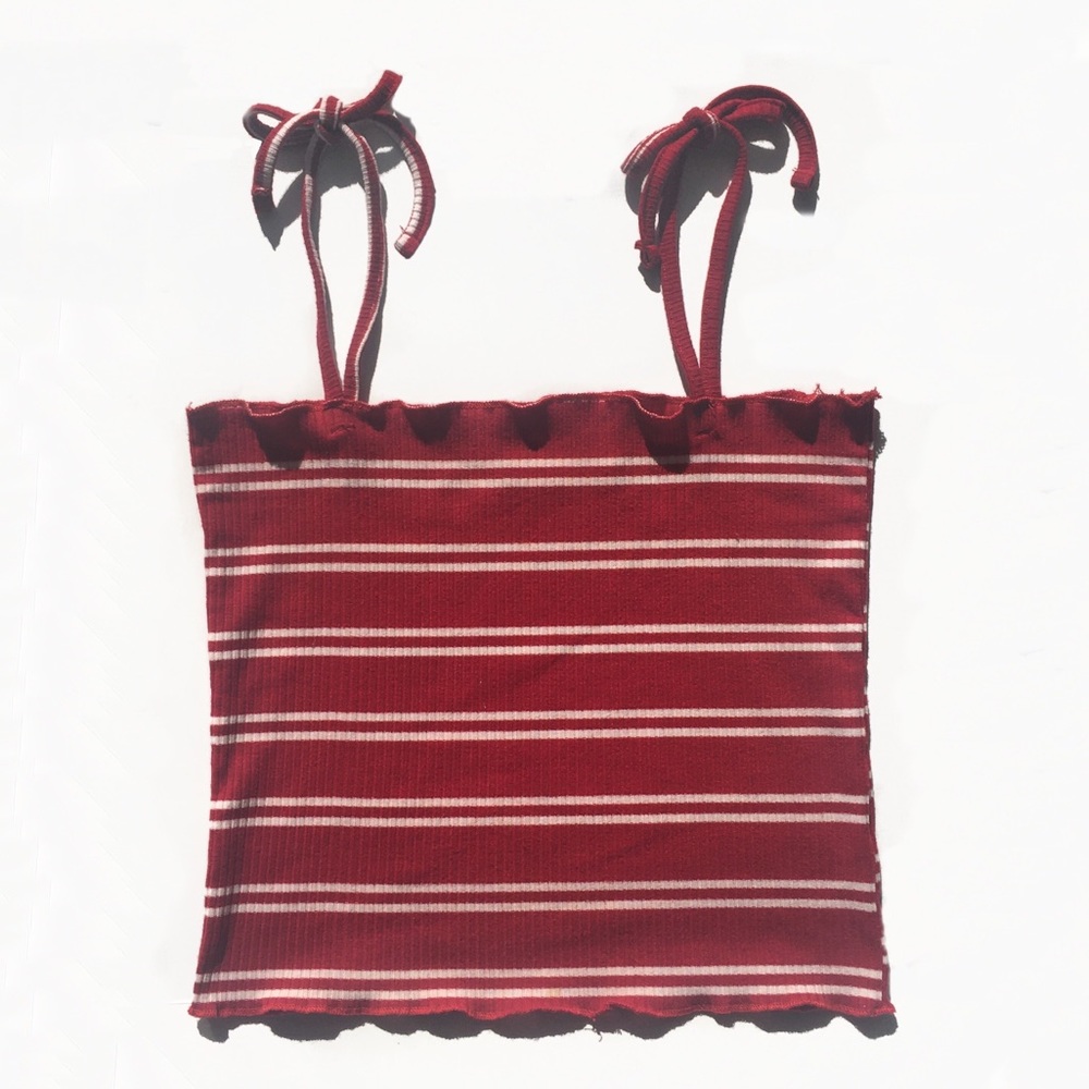 Red striped tied shoulder crop camisole top
